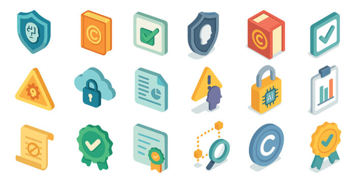 Intellectual property isometric icons set – copyright, security, ai symbols
