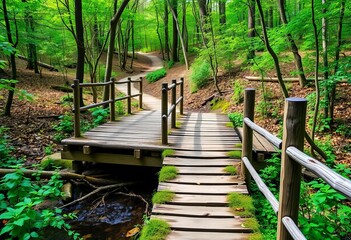 Fototapeta premium Wooden footbridge crossing a stream leading to a nature trail, trees, summer