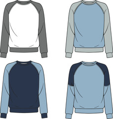 Color-blocked sweatshirt front view CAD drawing, flat fashion vector sketch with ribbed cuffs, casual apparel design template for menswear