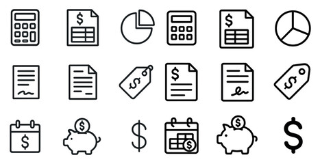 Finance and budgeting outline icons set – linear, money management graphics