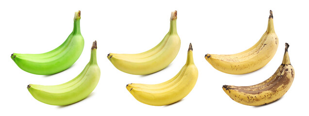 Ripening stages of banana fruits on white background, collage