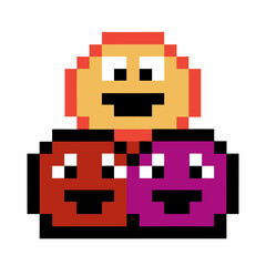Obraz premium Pixelated happy face with two smaller colorful smiling characters below, retro 8 bit style, friendship, unity, playful design