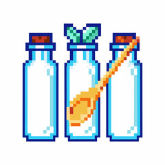 Pixel art glass bottles with mint leaves and wooden spoon isolated containers, retro video game style, transparent liquid