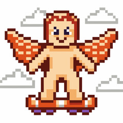 Obraz premium Pixel art winged character standing on orange hoverboard, clouds in background retro video game flying hero concept