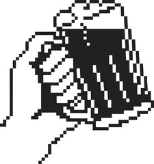 Fototapeta premium Pixel art hand holding a foamy glass of beer retro celebration, digital drink, pixelated beverage cheers concept