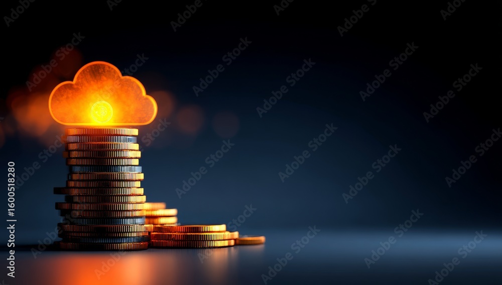 Poster cloud computing provides cost efficiency savings, symbolized by stacked coins and a glowing cloud, a