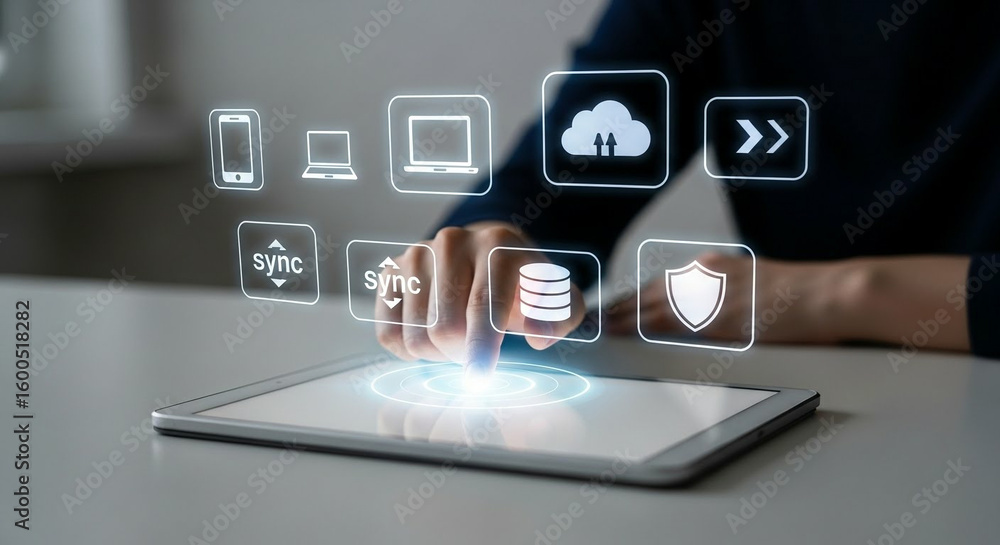 Aufkleber woman operating digital synchronization and cloud storage interface on tablet device