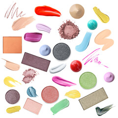 Different makeup products on white background, set. Palette of cosmetics