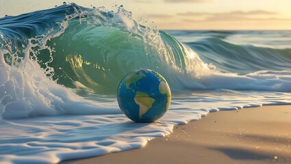 Clean ocean wave gently washing over a globe on a sandy beach, symbolizing marine conservation and Earth care  
