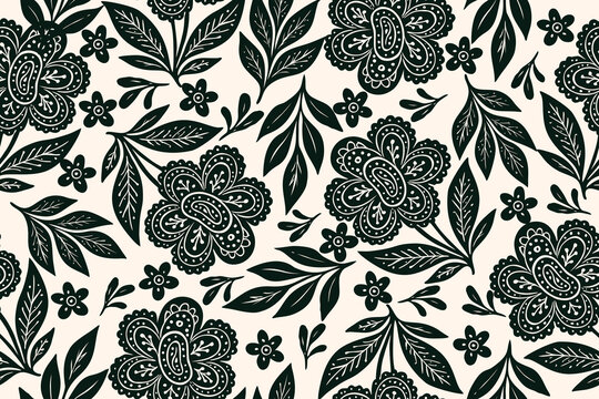 Intricate black floral pattern with ornamental flowers and leafy branches on a cream background. Hand-drawn style, ideal for prints, fabric, and decorative use.