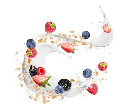 Oat flakes with fresh berries and milk splash flying on white background