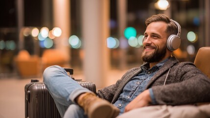 Bearded traveler in casual clothes, relaxing in an airport lounge with large over-ear headphones, feet up on a carry-on suitcase, ambient warm lighting