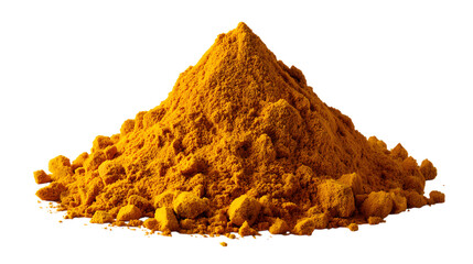 Pile of vibrant yellow turmeric powder isolated on transparent background