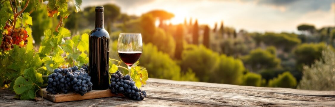The scene is set with a glass of red wine, a bottle, and a bunch of grapes on a wooden table, amidst the picturesque rural landscape of a Tuscany winery at sunset, highlighting wine, grapes, vintage