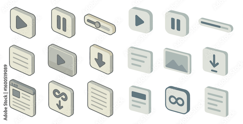 Poster multimedia and interface icons set in isometric style – control, ui, digital elements