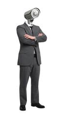 Businessman with CCTV camera instead of his head on white background