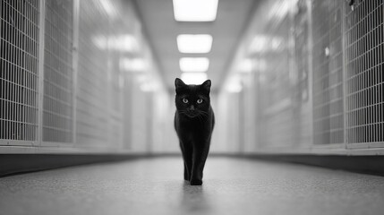 Black cat walking confidently through animal shelter corridor