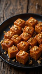 Crispy tofu with caramel sauce and cashews on black plate over rustic wooden background Generative AI