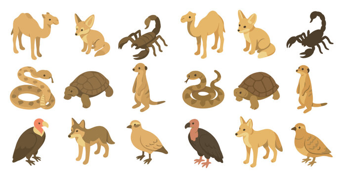 Desert animals icon set &ndash; flat, outlined, wildlife and nature symbols