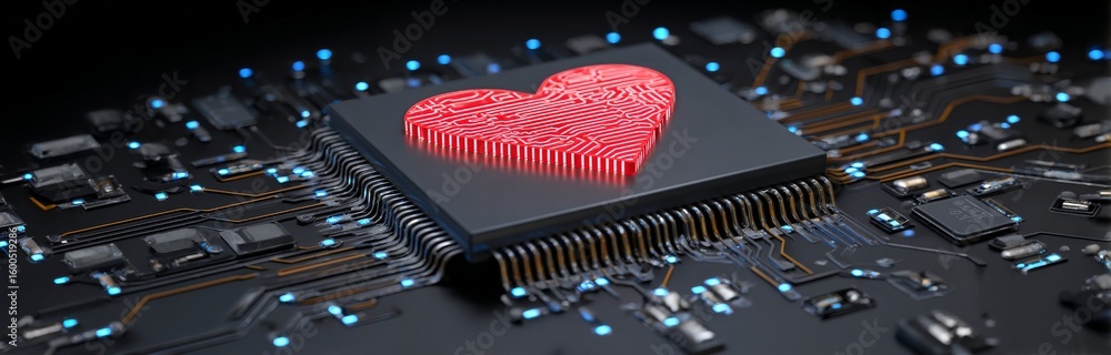 Aufkleber on the circuit board, a digital heart shines brightly, representing the fusion of tech love and tech