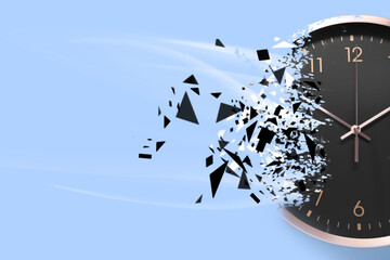 Time running out. Clock dissolving on light blue background