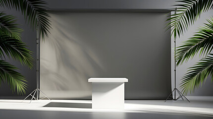 Minimalist studio backdrop with white rectangular product display stand, framed by lush palm leaves and natural light creating soft shadows on a grey cyclorama, ideal for modern product showcases.