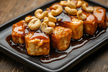 Crispy tofu with caramel sauce and cashews on black plate over rustic wooden background Generative AI