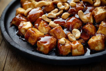 Crispy tofu with caramel sauce and cashews on black plate over rustic wooden background Generative AI