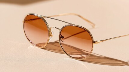 vintage-inspired modern sunglasses with oversized round golden frame and warm-tinted lenses, placed on solid beige background, soft shadow, high detail