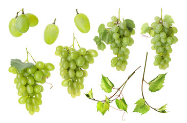 Fresh juicy grapes and green leaves on white background, collection