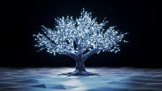 Digital Tree Growing from Polygon Ground in Futuristic Loop