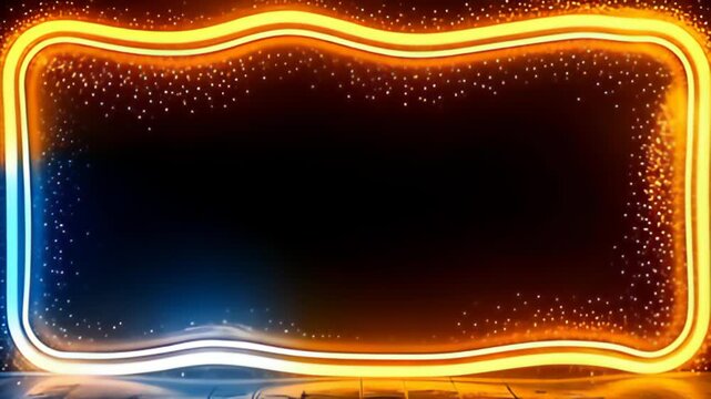 Delicately oscillating, the neon tube Border Frame bending in rhythmic flow interplays with shimmering particles of light, wrapped in a gradient of cerulean and sunflower yellow, creating a