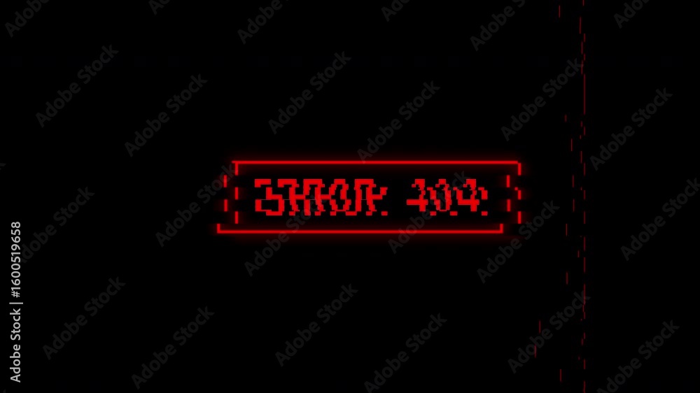 Poster error 404 glitch computer hacking animation on black background. 4k