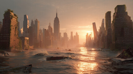 Ruins  buildings rise above the surface of water, their structures weathered and worn, surrounded by waves and remnants of the disaster
