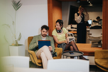 A vibrant office environment featuring colleagues engaged in a discussion, utilizing digital...