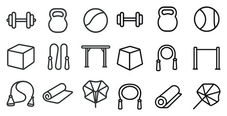 Fototapeta premium Fitness and gym outline icons set – linear, exercise, workout symbols