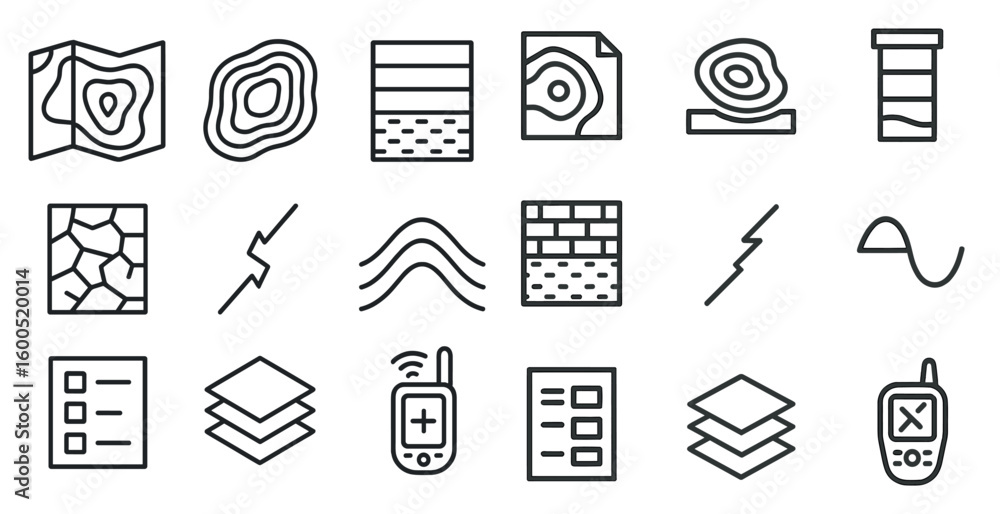 Poster mapping and navigation line icons set – outline, cartography, gps symbols