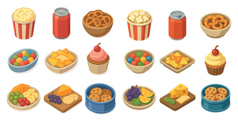 Snack and food icons set – isometric, 3d, sweets and treats collection