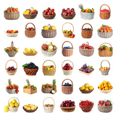 Many fresh fruits and berries in baskets isolated on white, collage