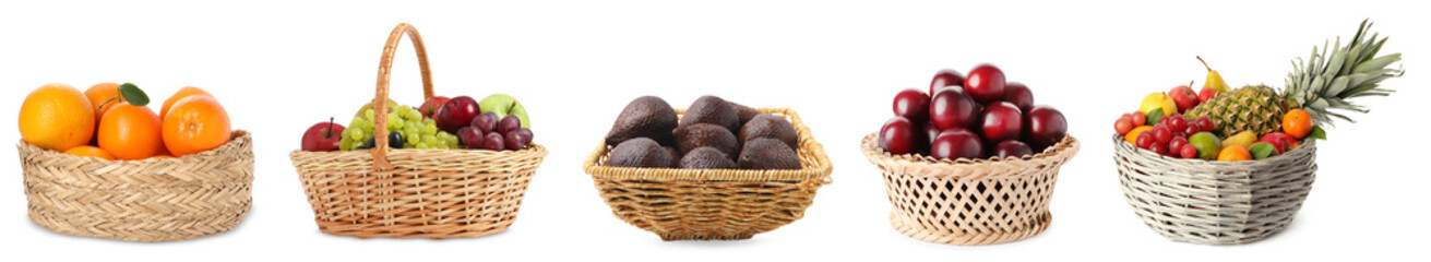 Many fresh fruits in different baskets isolated on white, set
