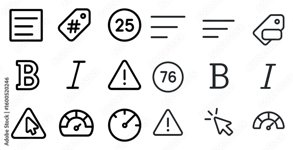 Poster typography and alert line icons set – outline, linear, text and notification symbols
