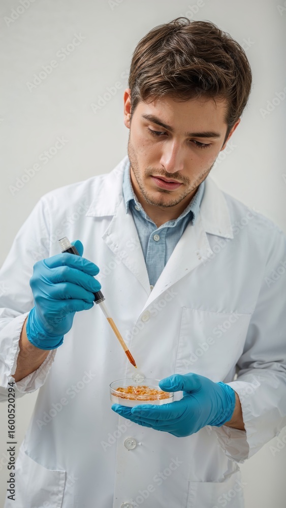 Poster scientist in white lab coat using pipette to transfer liquid into petri dish in laboratory setting