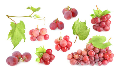 Fresh red grapes and green leaves on white background, collection