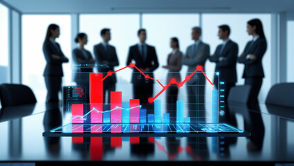 Holographic Financial Charts Displaying Market Trends in a High-Tech Corporate Environment.