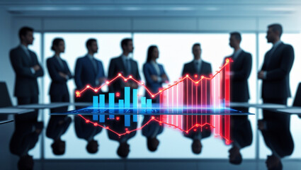 Holographic Financial Charts Displaying Market Trends in a High-Tech Corporate Environment.