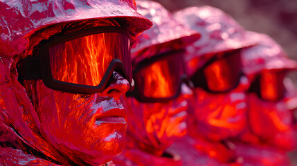 Engineers in Volcanic Energy Facility with Lava Glow and Heat Suits