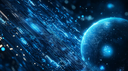 A futuristic digital technology background in glowing blue tones, featuring Earth in space, data streams, and abstract circuit designs representing global connectivity and innovation