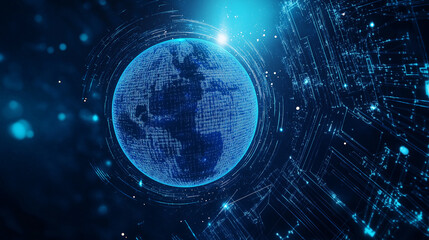 A futuristic digital technology background in glowing blue tones, featuring Earth in space, data streams, and abstract circuit designs representing global connectivity and innovation