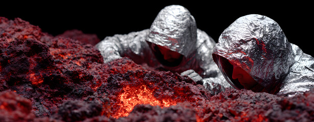 Engineers in Volcanic Energy Facility with Lava Glow and Heat Suits