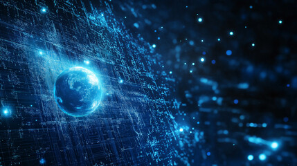 A futuristic digital technology background in glowing blue tones, featuring Earth in space, data streams, and abstract circuit designs representing global connectivity and innovation